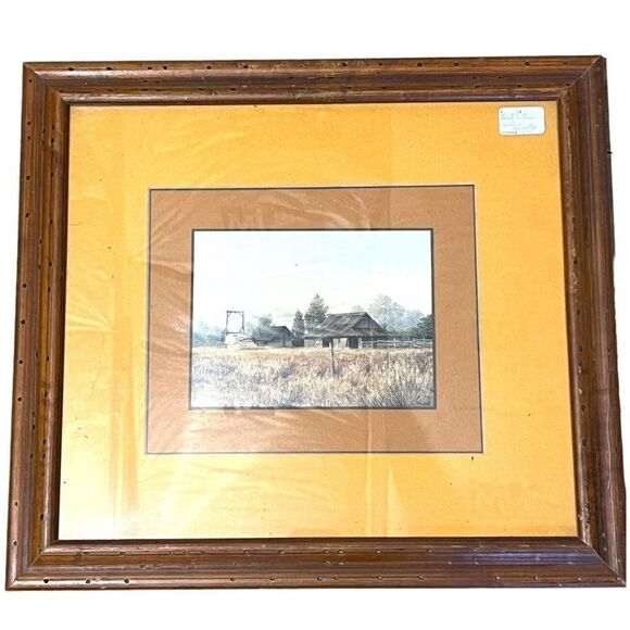 Country Barn Scene Farm Professionally Framed Print Landscape Retro MCM 19.5X17